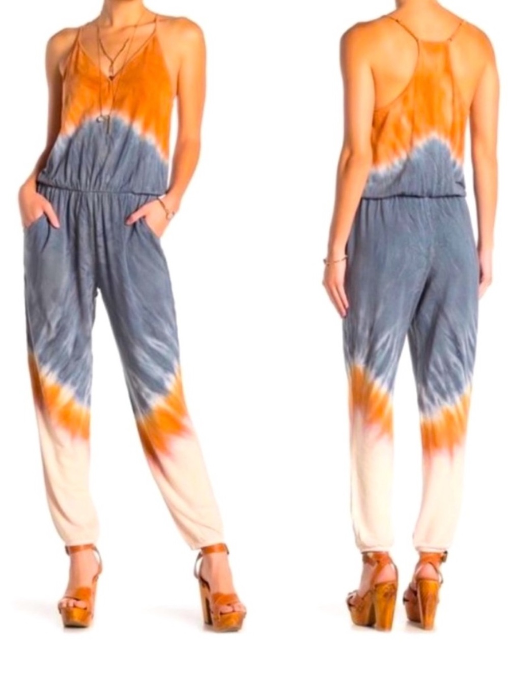 Young Fabulous & Broke Orange and Gray Tie-Dye Strappy Jumpsuit